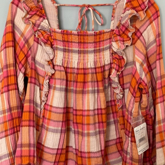 Free People Plaid Seina Blouse Smocked Square Neck Retro Peasant Top NWT - Picture 5 of 11
